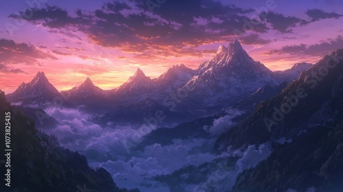 A captivating anime scene featuring a misty mountain range illuminated by the glow of sunrise