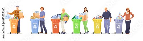 People sorting waste into recycling bins for plastic, paper, glass, metal, and organics. Vector illustration