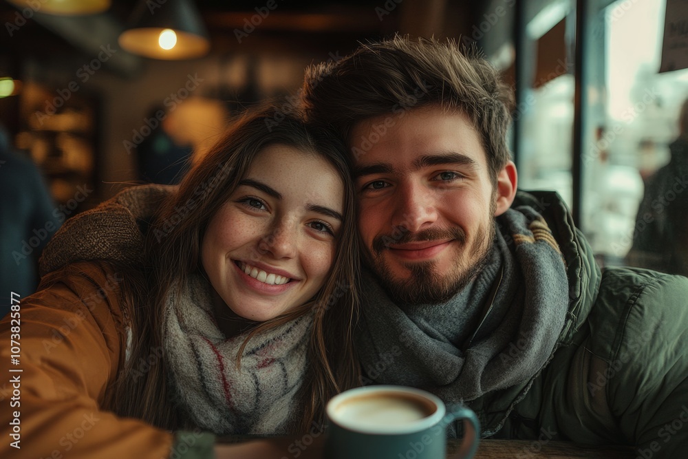 man and woman smiling at camera while sitting in cafe