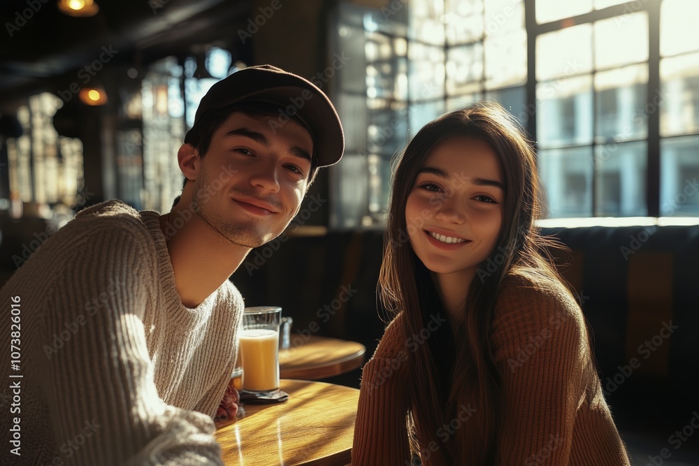 man and woman smiling at camera while sitting in cafe man and woman smiling at camera while sitting in cafe