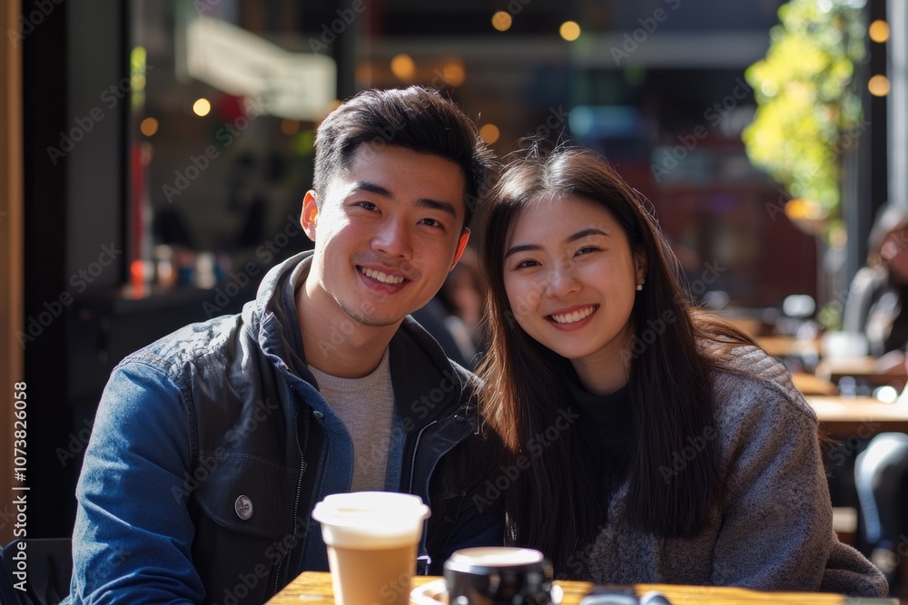 man and woman smiling at camera while sitting in cafe man and woman smiling at camera while sitting in cafe