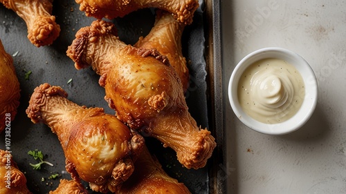 ndulge in the crispy, golden-brown perfection of our fried chicken drumsticks, set against a clean white background. Perfect for foodies and food bloggers alike. photo