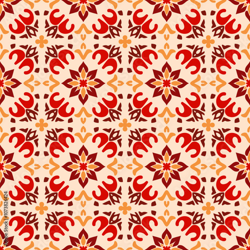 Vector seamless pattern in ethnic folk style. Abstract floral geometric ornament with indian, indonesian, balinese, thai, mexican motifs. Persian, turkish, iranian background. Colourful mandala design