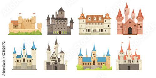 A collection of different castle designs in a playful graphic style on a white background. Vector illustration