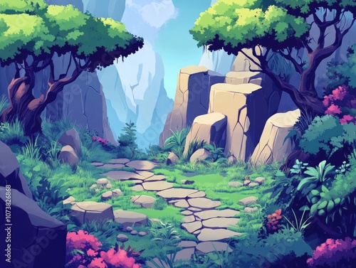 Fantasy scenery for a 2D game Imaginative landscape for a mobile gaming concept photo