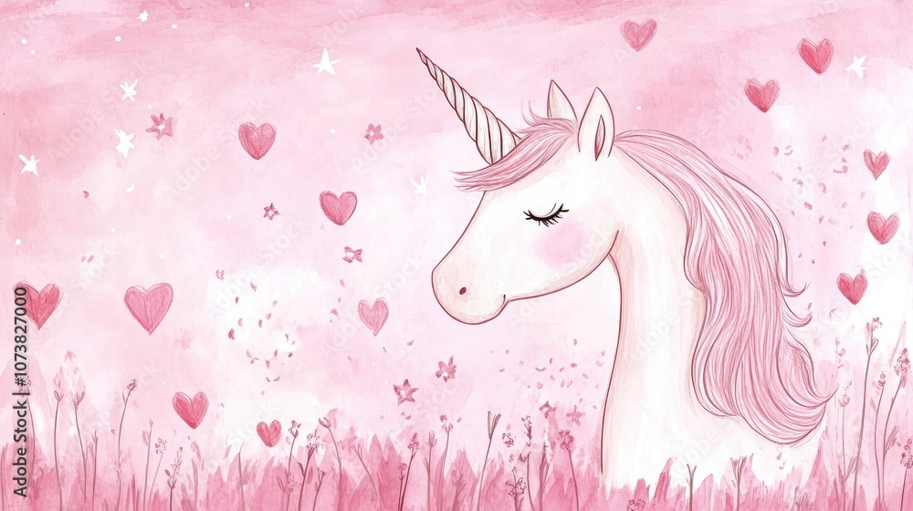 Fantasy background featuring stars and hearts alongside a hand drawn unicorn illustration Fantasy background featuring stars and hearts alongside a hand drawn unicorn illustration