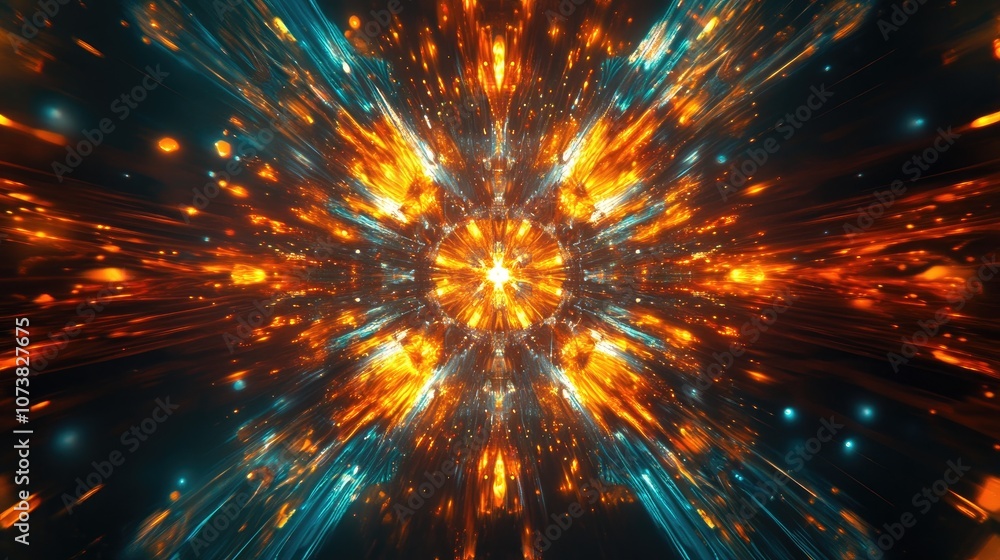 Abstract cosmic chaos backdrop featuring a symmetric kaleidoscope design created by fluid hypnotic rays Abstract cosmic chaos backdrop featuring a symmetric kaleidoscope design created by fluid hypnotic rays