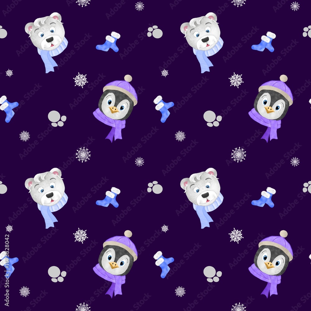 seamless winter pattern with penguins, polar bears, blue socks, snowflakes and paw prints seamless winter pattern with penguins, polar bears, blue socks, snowflakes and paw prints
