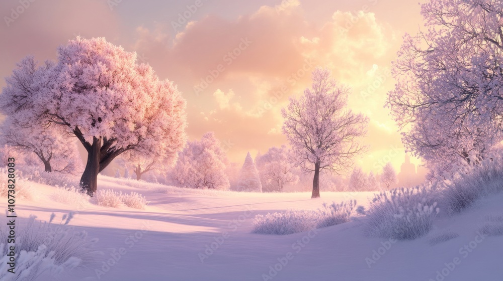Snow-covered landscape with trees under a pastel sunset sky Snow-covered landscape with trees under a pastel sunset sky