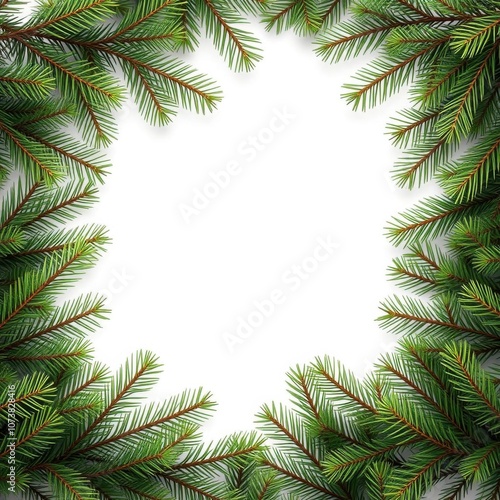 Isolated green pine branches with dense needles creating a natural frame on a white background perfect for festive decoration and design elements frame christmas isolated