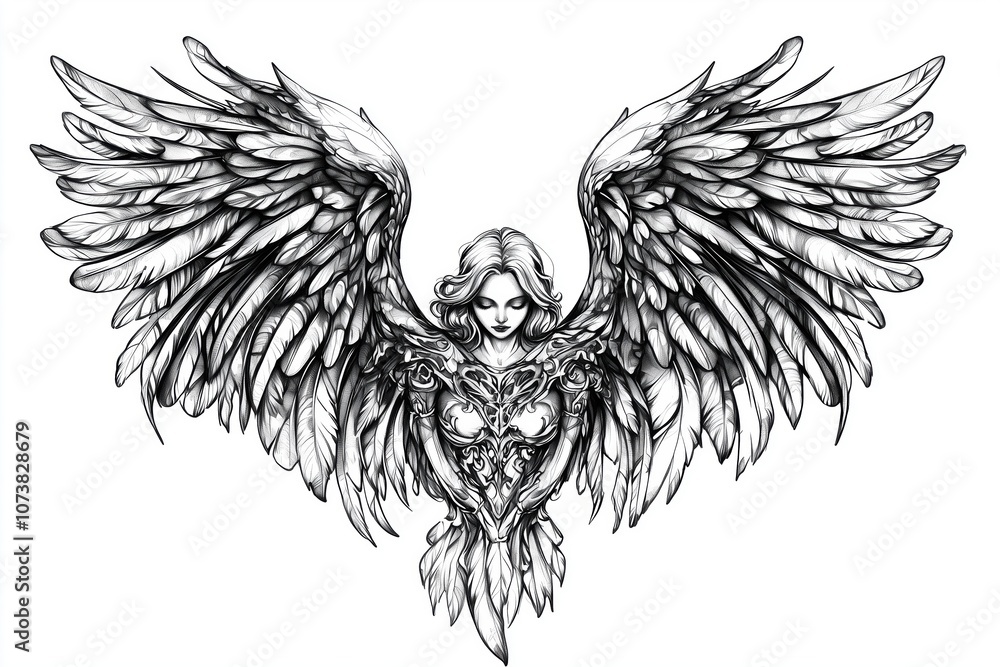 Obraz premium Black and gray angel tattoo with deep shadows and intricate lines