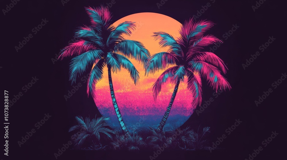 Obraz premium Tropical sunset featuring palm trees Vivid synthwave inspired T shirt design on a solid black backdrop