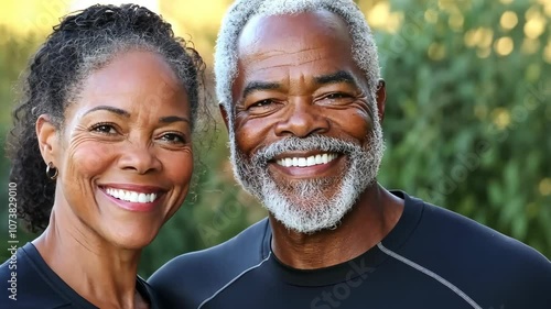 A smiling older couple stands together outdoors
