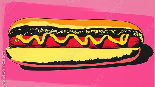 Vibrant and uniquely presented hot dog displayed against a pink backdrop featuring pop art style with bold saturated colors