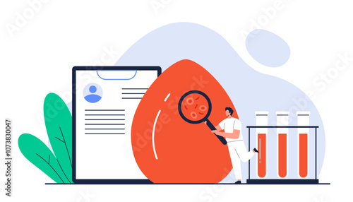Medical blood testing. Tiny doctor examines a blood sample with  magnifying glass. Clinical laboratory analysis concept. Isolated vector illustration in cartoon style 
