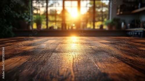 A sunlit kitchen scene with a wooden table, showcasing a warm and inviting atmosphere.