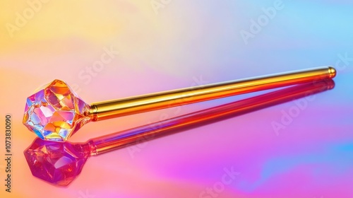 Vibrant live resin diamonds displayed on a gold titanium dab tool set against a colorful gradient backdrop photo