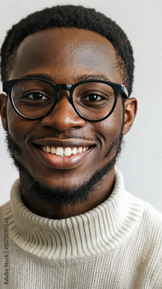 A young man with a goatee smiles brightly while wearing round, black-framed glasses A young man with a goatee smiles brightly while wearing round, black-framed glasses