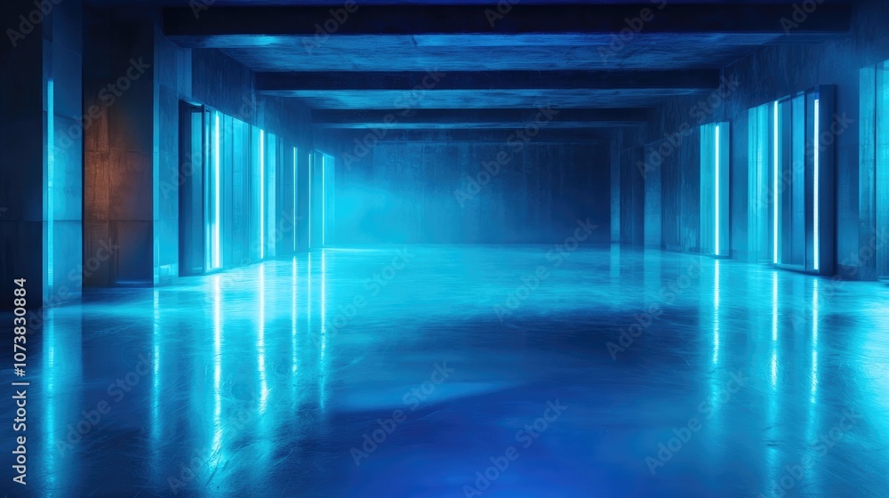 This image showcases a contemporary ice rink bathed in blue light featuring an empty space that evokes a tranquil yet slightly intimidating ambiance due to its vastness This image showcases a contemporary ice rink bathed in blue light featuring an empty space that evokes a tranquil yet slightly intimidating ambiance due to its vastness
