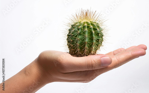 mano extendida con una planta sobre fondo blanco photo