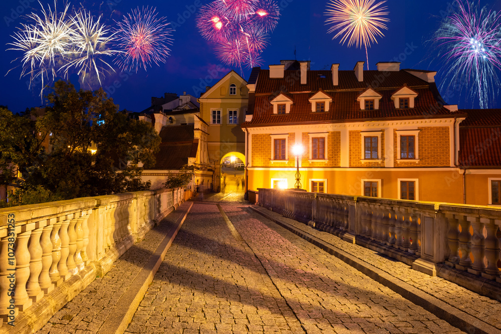 New year celebrate fireworks over Old Town of Lublin. Poland, Europe