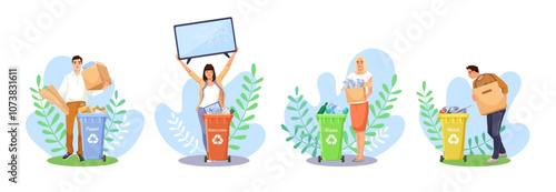 A group of individuals recycling paper, electronics, glass, and metal. Vector illustration