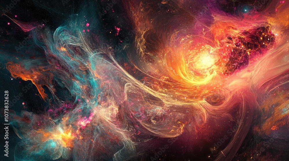 Abstract concept of space and time travel featuring intergalactic exploration and a supernova showcasing bursts of energy fire and plasma in a vivid graphical illustration Abstract concept of space and time travel featuring intergalactic exploration and a supernova showcasing bursts of energy fire and plasma in a vivid graphical illustration