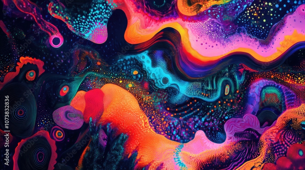 A vibrant and colorful abstract background featuring psychedelic patterns and shapes