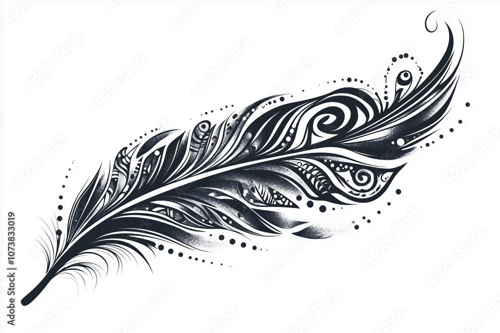 Boho feather tattoo with fine lines and intricate patterns Boho feather tattoo with fine lines and intricate patterns
