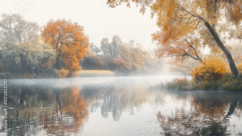 Serene autumn landscape with foggy river and colorful trees