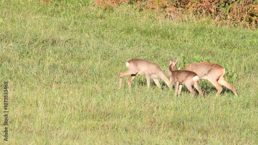 Group of Capreolus capreolus european roe deer females on a field. Autumn foliage in the background.
Group of Capreolus capreolus european roe deer females on a field. Autumn foliage in the background.