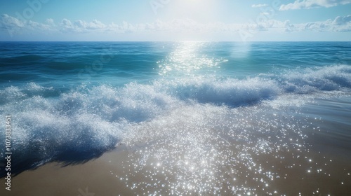 A serene ocean view with sparkling waves gently lapping the sandy shore under a bright sky.