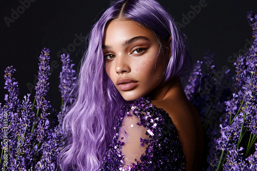 an enchanted beauty close-up, lavender locks, ethereal features photo