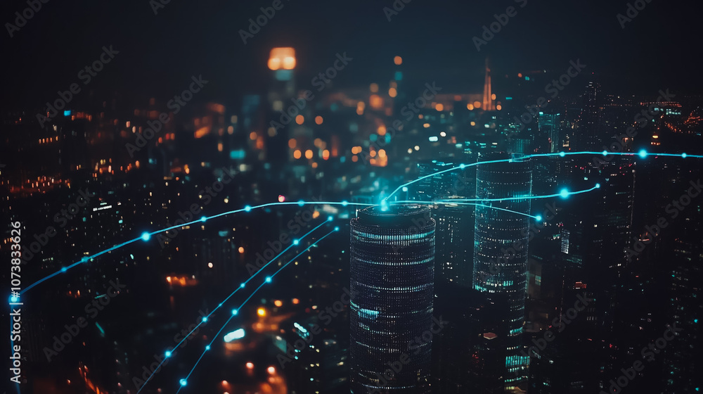 Obraz premium Smart digital Innovation city Business skyscrapers in the Financial District with connection network reciprocity over the cityscape. of future smart wireless digital city and social media networking