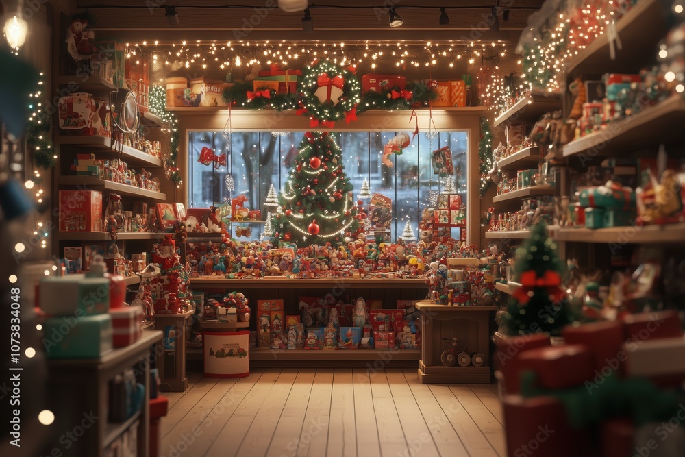 Bustling toy store with festive Christmas decorations and sparkling lights Bustling toy store with festive Christmas decorations and sparkling lights