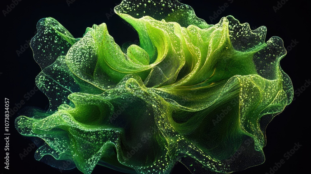 Abstract green form with grainy texture set against a black backdrop Abstract green form with grainy texture set against a black backdrop