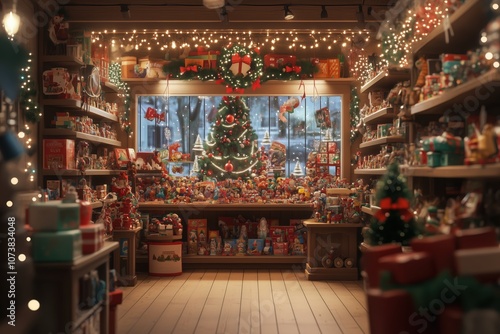 Bustling toy store with festive Christmas decorations and sparkling lights