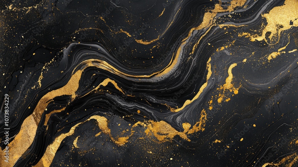 Abstract black and gold swirling wave pattern resembling marble tile Flowing liquid lines create a dynamic design element Abstract black and gold swirling wave pattern resembling marble tile Flowing liquid lines create a dynamic design element
