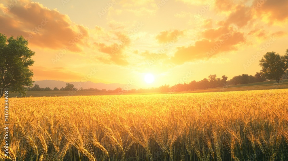 A golden wheat field bathed in the warm glow of sunrise, creating a serene and tranquil atmosphere. A golden wheat field bathed in the warm glow of sunrise, creating a serene and tranquil atmosphere.