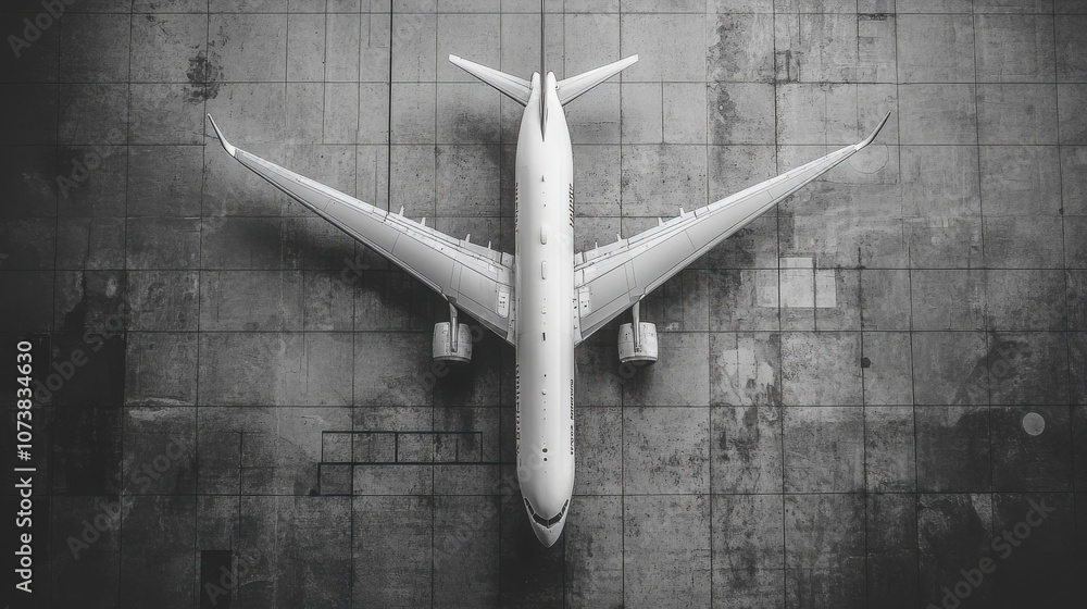 A commercial airplane sits on the tarmac, viewed from above. A commercial airplane sits on the tarmac, viewed from above.
