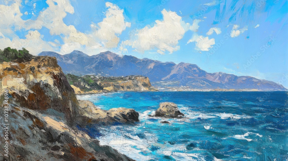 Vibrant coastal landscape with rocky cliffs and blue ocean waves Vibrant coastal landscape with rocky cliffs and blue ocean waves