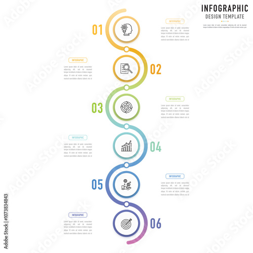 Circular curve infographic template or element with 6 step, process, option, colorful circle, button, round, paper origami, number, arrow, minimal style for sale slide, workflow, planner, agenda, web