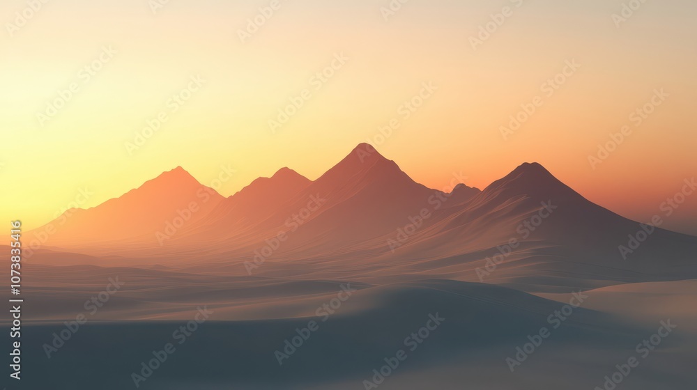 Serene mountains at sunset, casting long shadows over rolling sands with a warm orange and soft blue sky. Serene mountains at sunset, casting long shadows over rolling sands with a warm orange and soft blue sky.