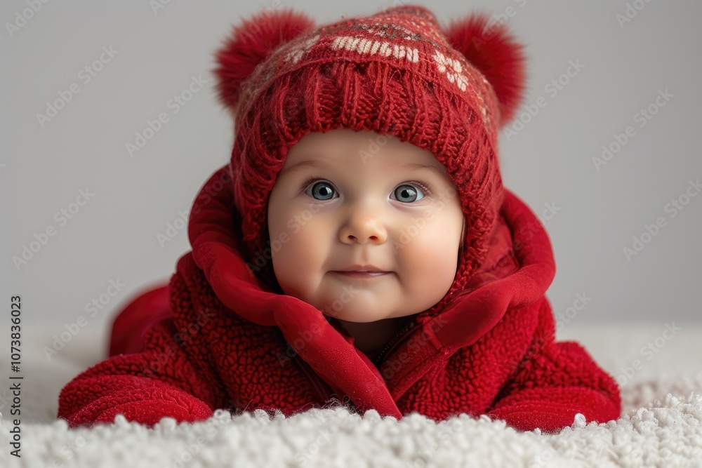 Happy Smiling Baby lying on Stomach over White Background in Cotton Bodysuit. Infant four month Child in Red long Sleeve Babies Onesies crawling. Active Baby Happy Smiling Baby lying on Stomach over White Background in Cotton Bodysuit. Infant four month Child in Red long Sleeve Babies Onesies crawling. Active Baby