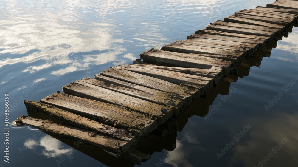 Fototapeta premium Serene Beauty of an Abandoned Pier: Tranquil Lake Reflections and Weathered Boards | Stock Photo