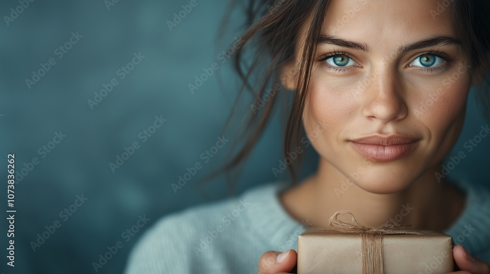A close-up image of a young woman holding an unexpected gift with a forced smile, her eyes showing a hint of disappointment while she tries to maintain politeness. Her hands clutch A close-up image of a young woman holding an unexpected gift with a forced smile, her eyes showing a hint of disappointment while she tries to maintain politeness. Her hands clutch