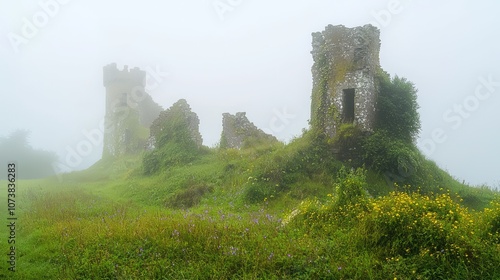 Mystical Atmosphere of Abandoned Castle Ruin Surrendered to Nature's Charm in Misty Landscape | Ultra-Detailed Photo of Crumbling Walls & Wildflowers