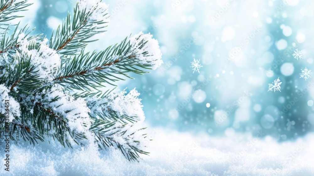 Snow-covered pine branches against a soft glimmering background Snow-covered pine branches against a soft glimmering background