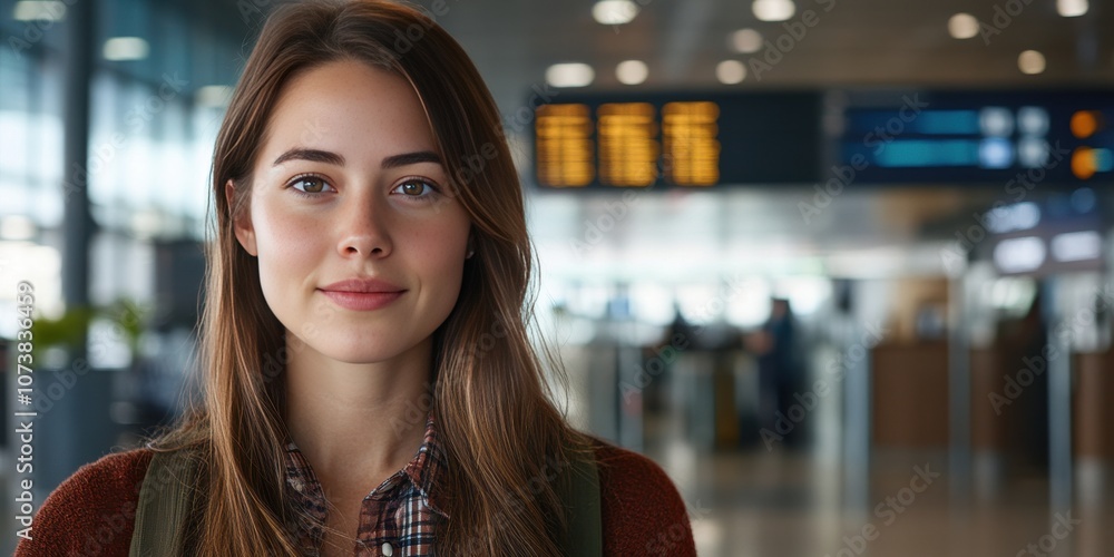Young Woman Smiling at Airport with Flight Information in Background Young Woman Smiling at Airport with Flight Information in Background