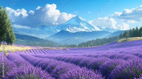 A stunning view of vibrant purple lavender fields with majestic mountains in the background under a clear blue sky.